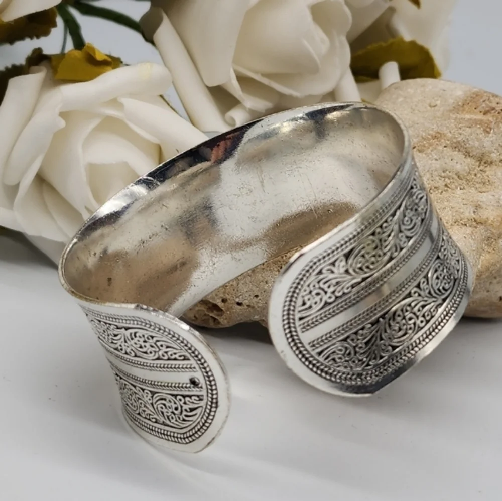 Boho Silver Bracelet Wide Band Flexible Adjustable